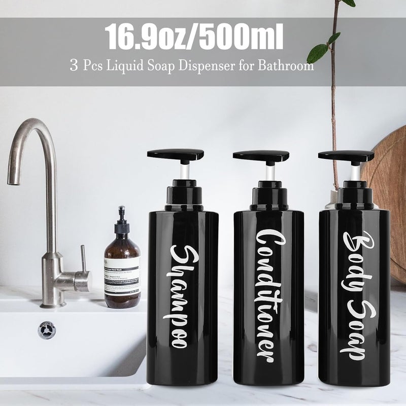 AUMIO 16.9oz Shampoo and Conditioner Bottles Set of 3-Printed Shower Soap Dispenser Plastic Shampoo Bottles Refillable with Pump - Shampoo Conditioner Body Wash Dispenser for Bathroom Shower Black - Image 2